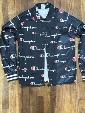 Champion Black Logo-Print Coach Jacket with Red Accents